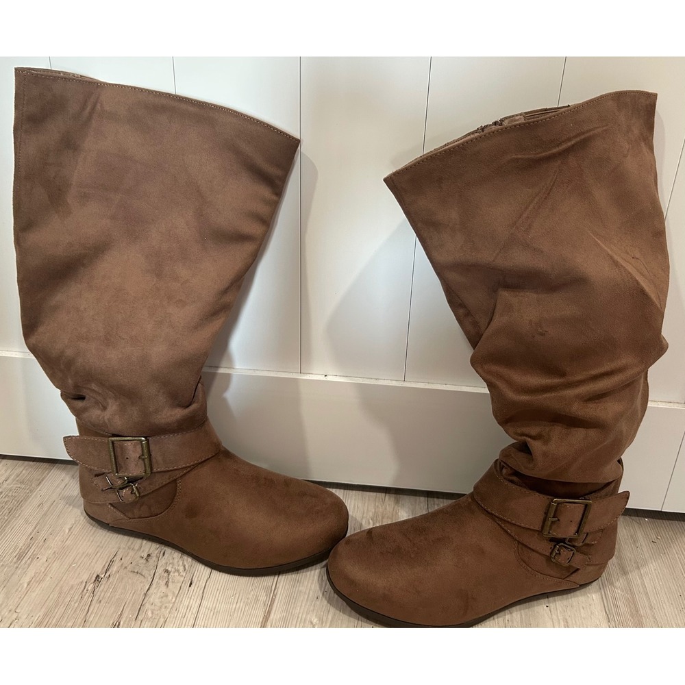 Luoika Womens Brown Faux Suede Slouchy Wide Calf Flat Knee High Boots Size 7XW
